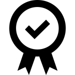 Black outline of a rosette badge with a check mark in the centre.
